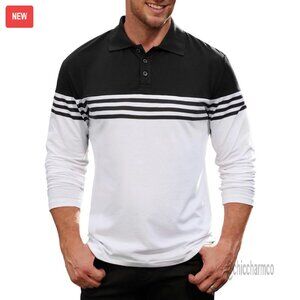 Men's Long Sleeve Polo Shirt Regular Fit Cotton Blend Striped